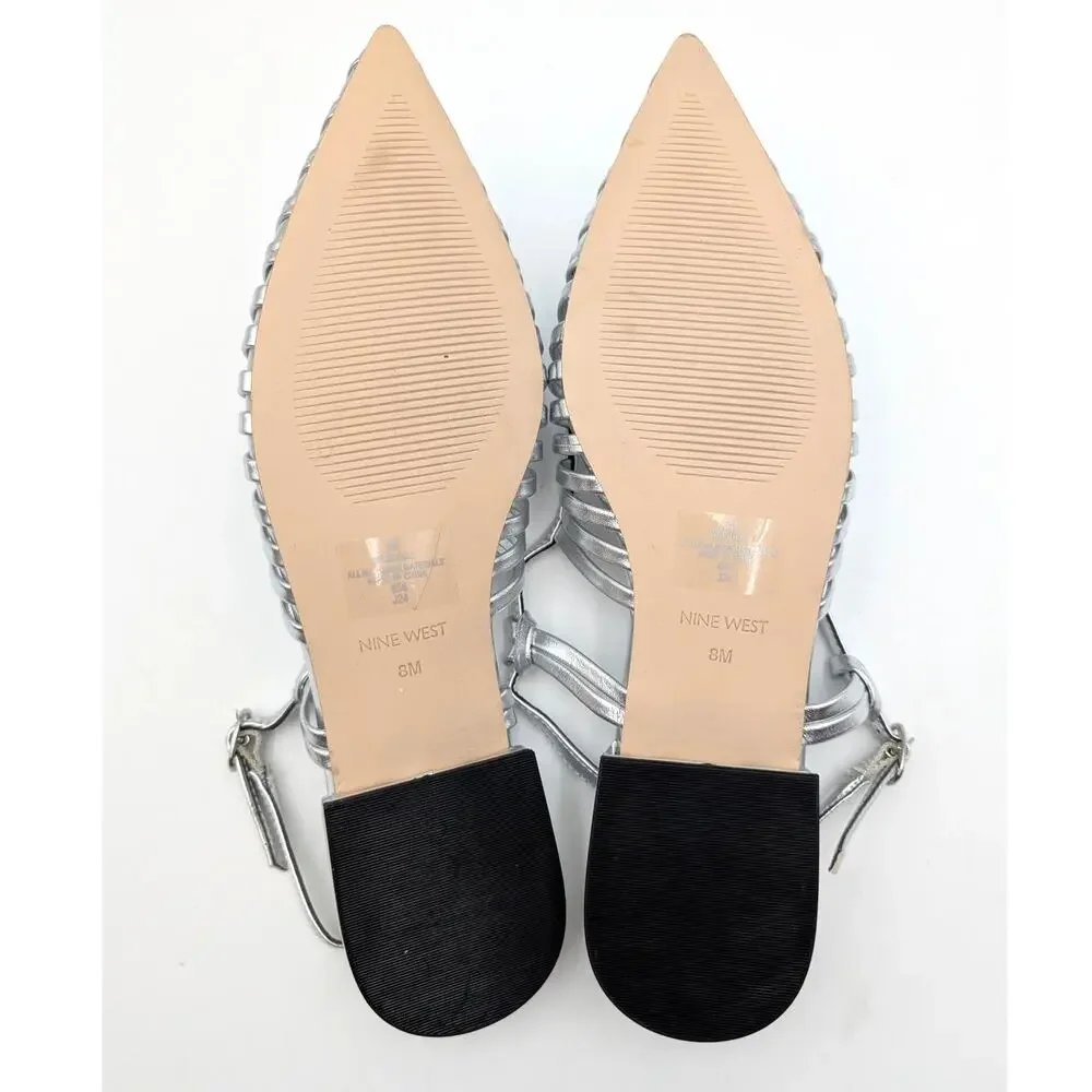 Nine West Duria Slingback Flats Pointed Toe Women's Silver Size US8M EU38.5